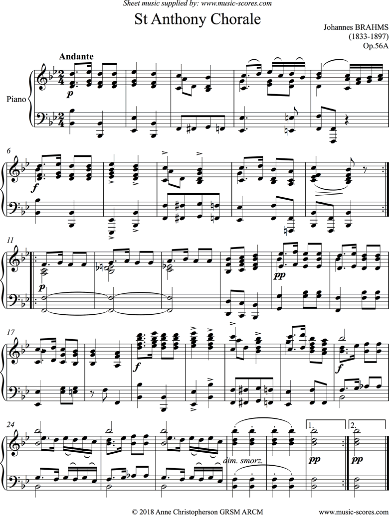 Front page of Op.56: St Anthony Chorale: Piano sheet music