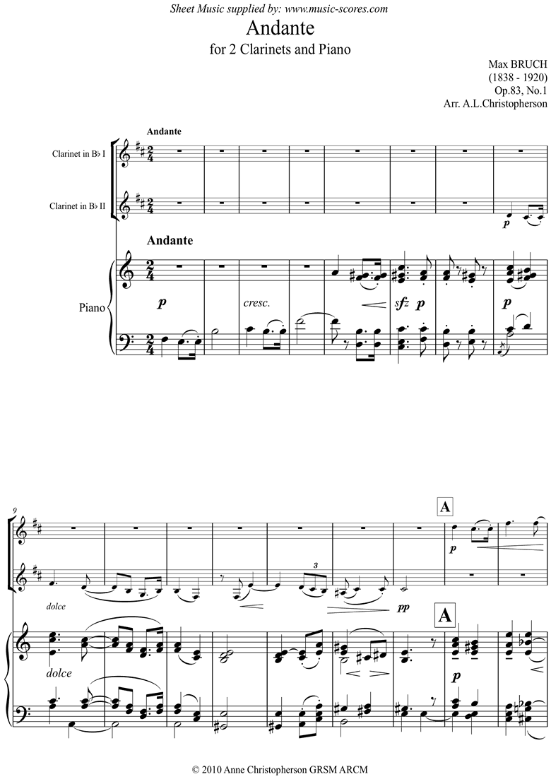 Op.83 No.1 Andante for 2 Clarinets and Piano by Bruch