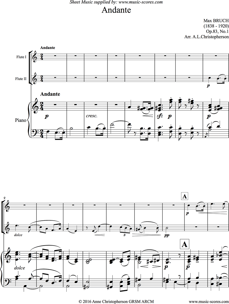 Op.83 No.1 Andante for 2 Flutes and Piano by Bruch