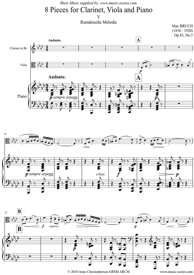 Front page of Op.83 No.5 Rumanische: Bb Clarinet Viola and Piano sheet music