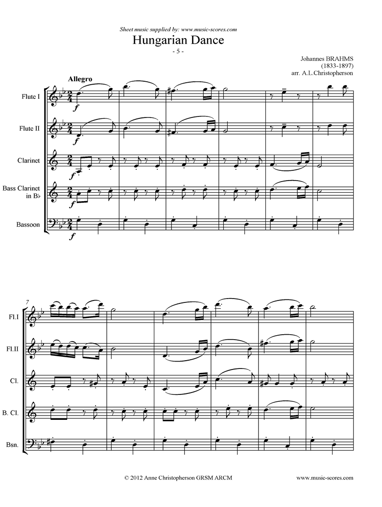 Front page of Hungarian Dance No.5: 2 Flutes, Clarinet, Bass Clarinet and Bassoon sheet music