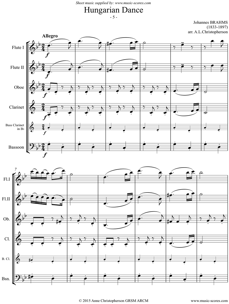 Brahms. Hungarian Dance No.5 2 Flutes, Clarinet, Bass Clarinet and Bassoon sheet music