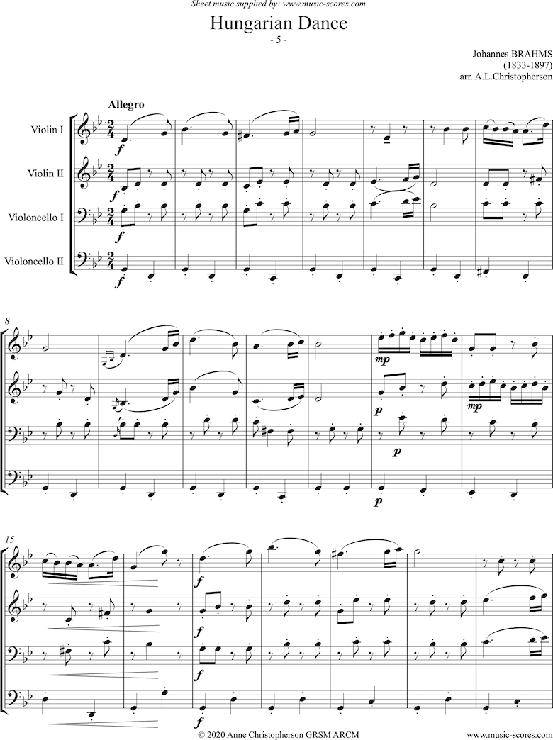 Front page of Hungarian Dance No.5: 2 Violins, 2 Cellos sheet music