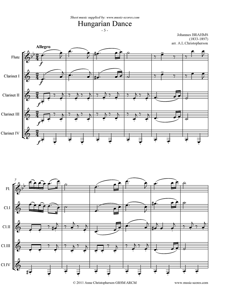 Front page of Hungarian Dance No.5: Flute, Clarinet Quartet sheet music