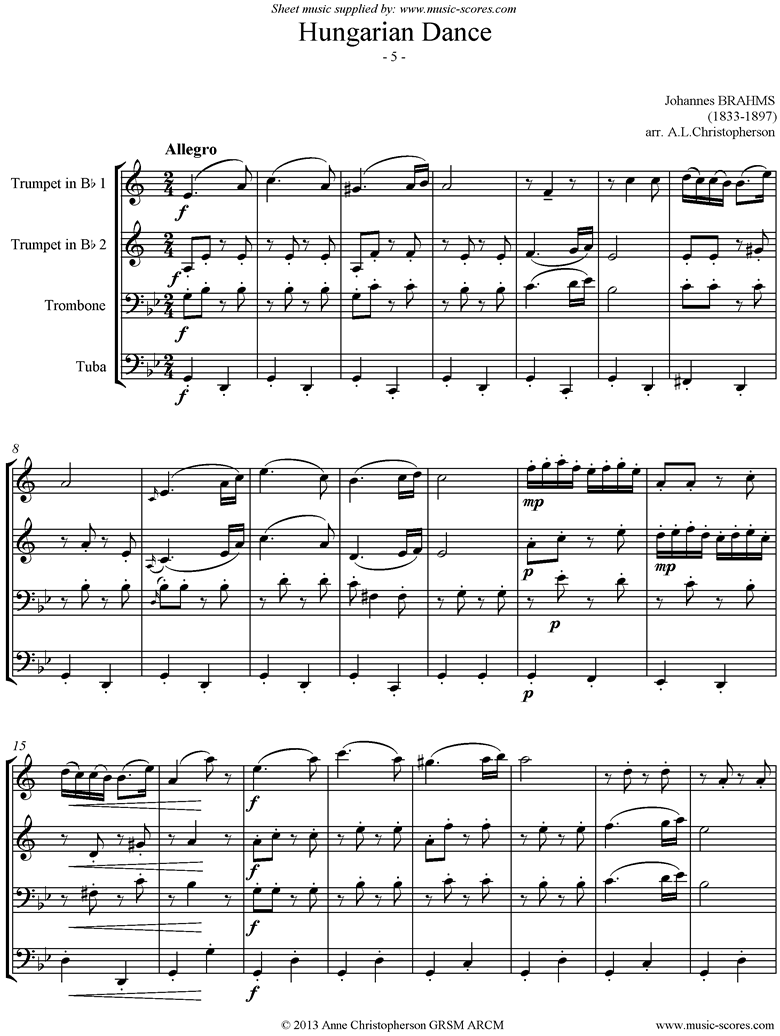 Front page of Hungarian Dance No.5: Brass Quartet sheet music