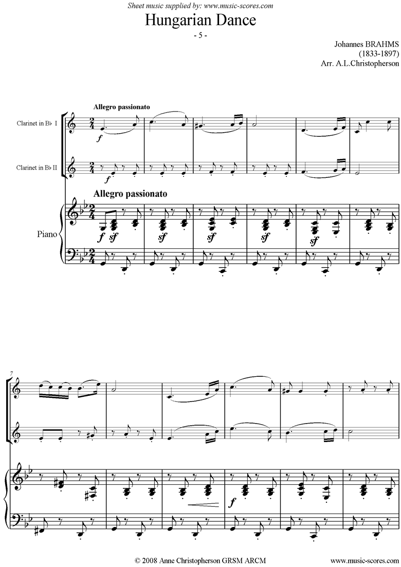 Front page of Hungarian Dance No.5: Clarinet, Soprano Sax, Piano sheet music