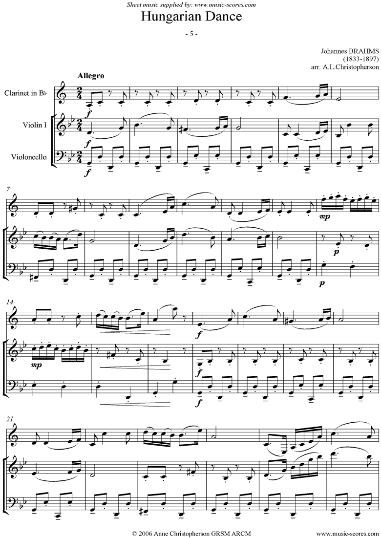 Front page of Hungarian Dance No.5: Clarinets, Violin, Cello sheet music