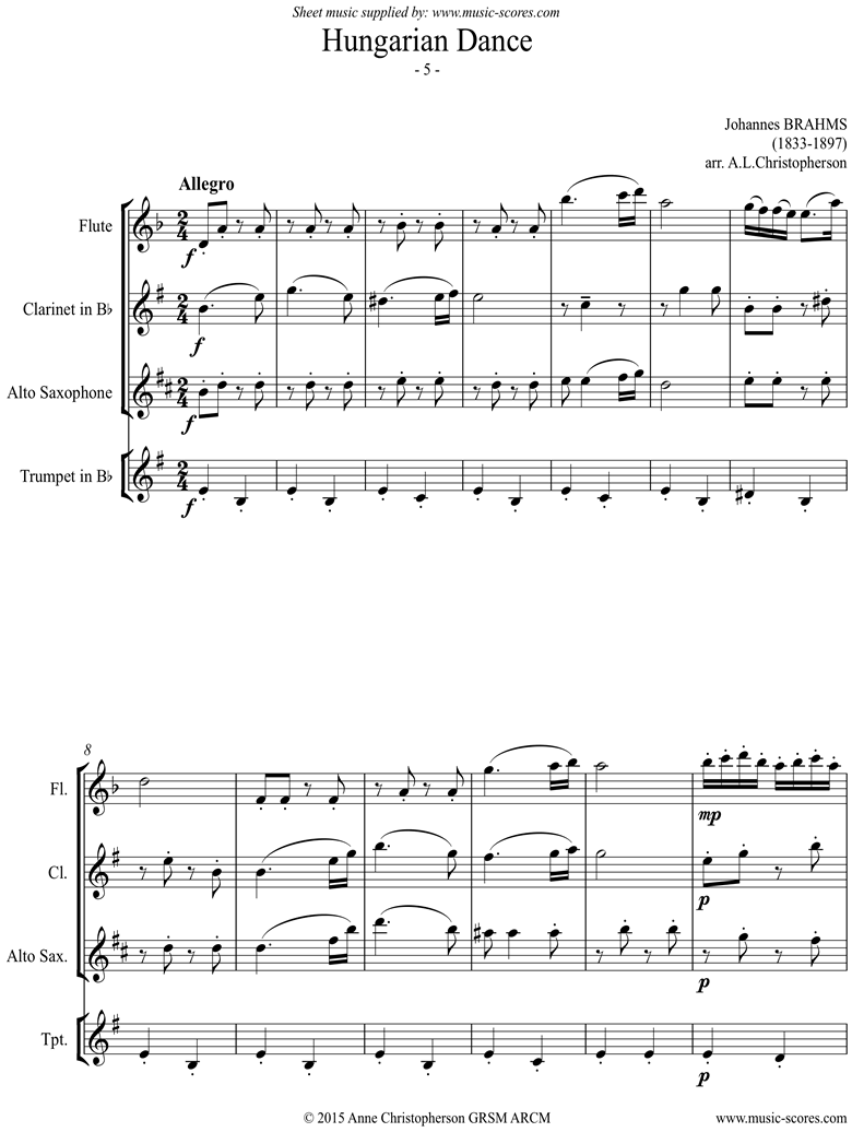 Front page of Hungarian Dance No.5: Flute, Clarinet, Alto Sax, Trumpet sheet music