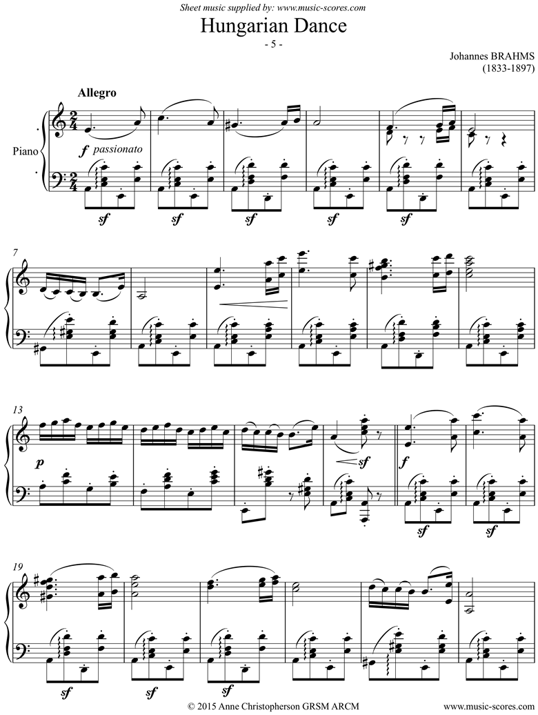 Front page of Hungarian Dance No.5: Piano Solo: A minor sheet music