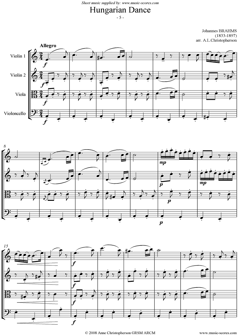 Front page of Hungarian Dance No.5: String Quartet sheet music