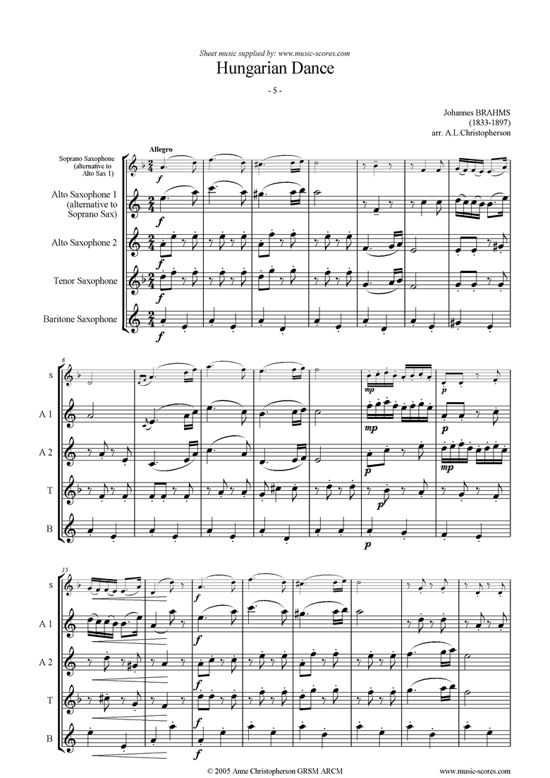 Front page of Hungarian Dance No.5: Sax Quartet sheet music