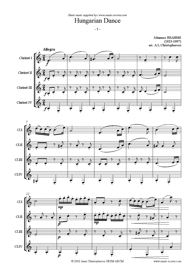 Front page of Hungarian Dance No.5: Clarinet Quartet sheet music