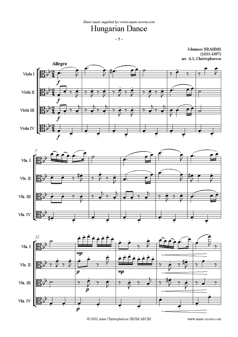 Front page of Hungarian Dance No.5: Viola Quartet sheet music