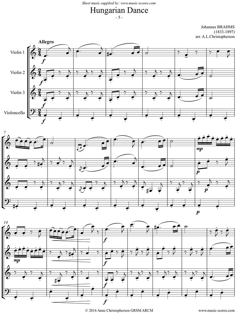 Front page of Hungarian Dance No.5: 3 Violins, Cello sheet music