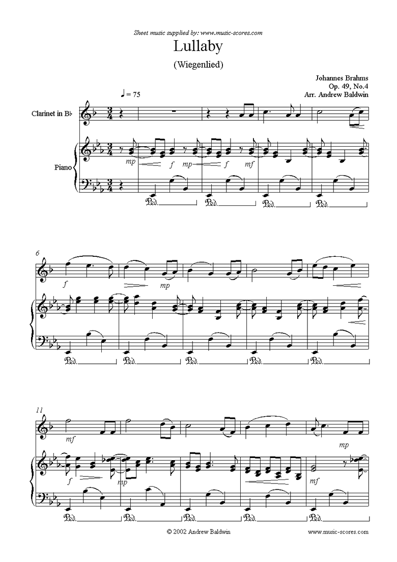 Front page of Op.49, No.4: Brahms Lullaby: Clarinet sheet music