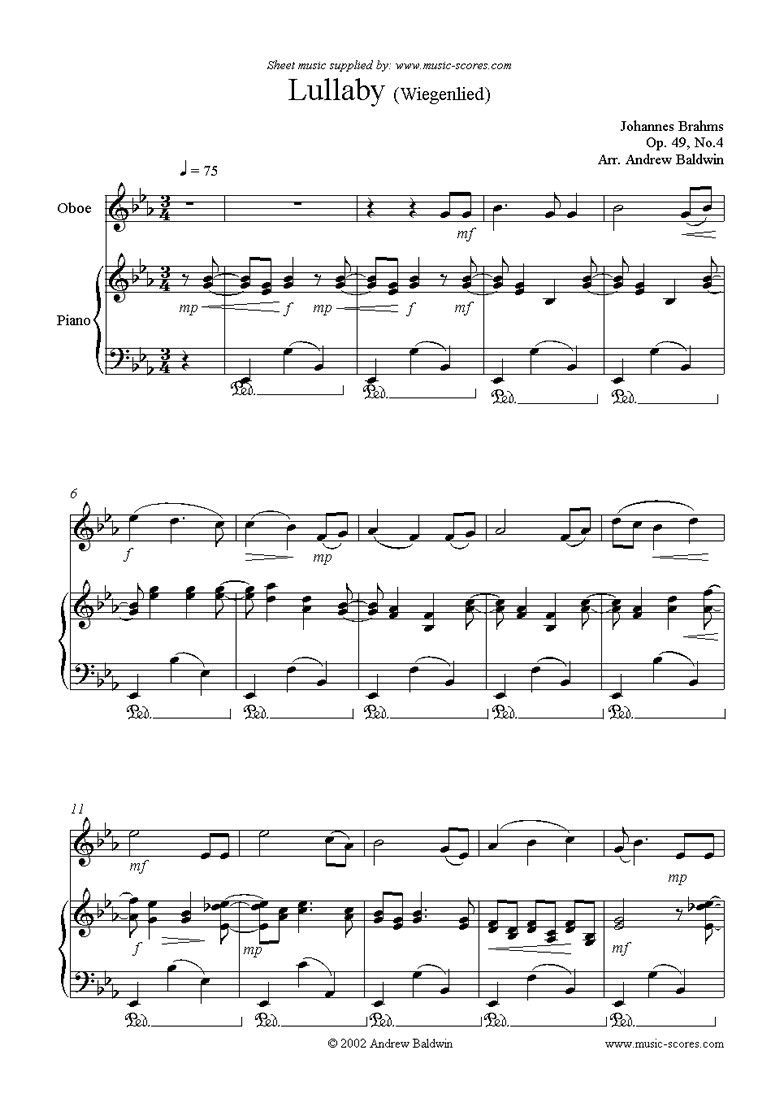 Front page of Op.49, No.4: Brahms Lullaby: Oboe sheet music