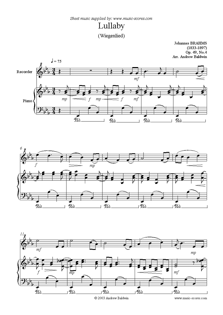 Front page of Op.49, No.4: Brahms Lullaby: Recorder sheet music