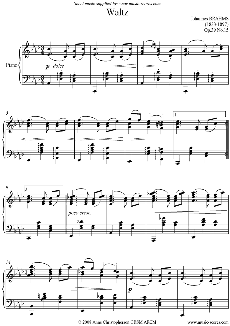 Front page of Op.39, No.15: Waltz sheet music