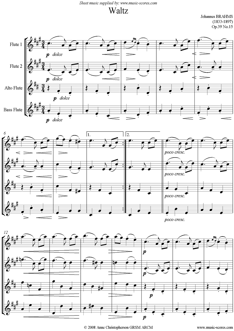 Front page of Op.39, No.15: Waltz: 2 Flutes, Alto and Bass Flutes sheet music