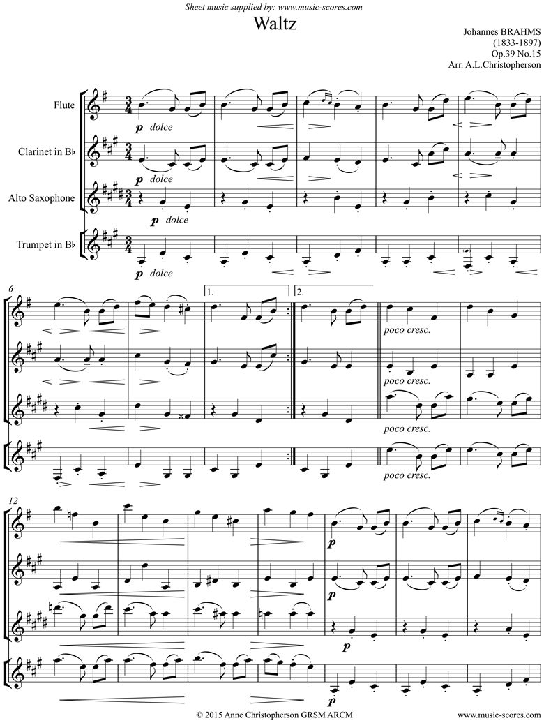 Front page of Op.39, No.15: Waltz: Flute, Clarinet, Alto Sax, Trumpet sheet music