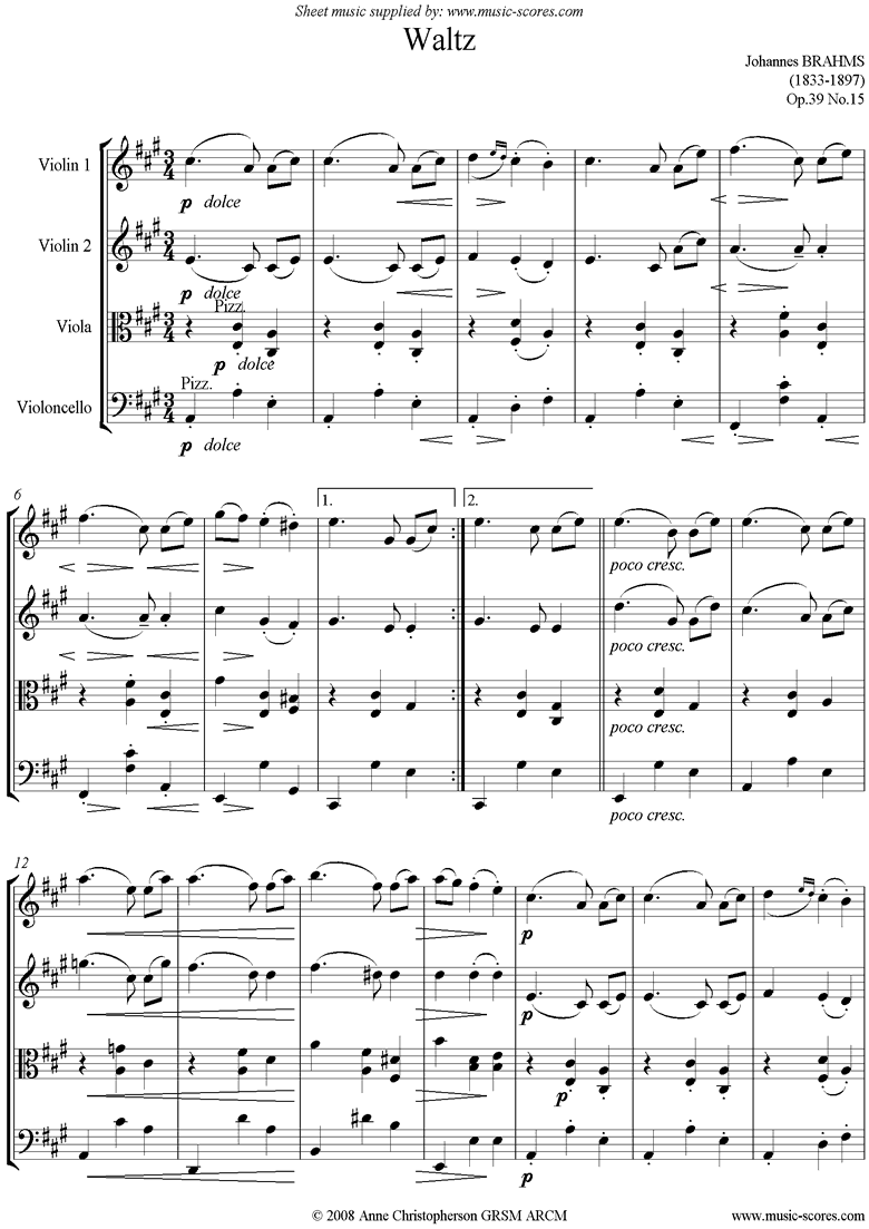 Front page of Op.39, No.15: Waltz: String Quartet sheet music