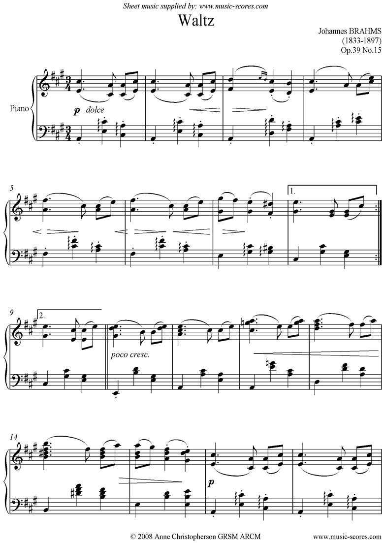 Front page of Op.39, No.15: Waltz: simplified sheet music