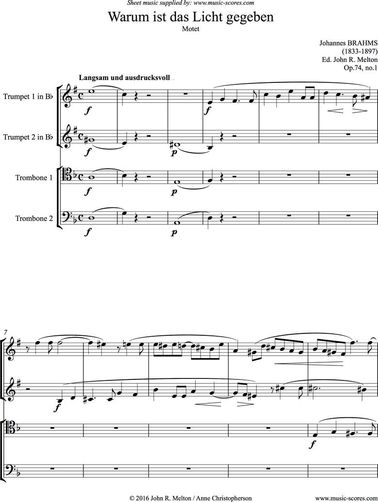 Front page of Op.74, No.1: Warum ist das Licht: Brass Quartet sheet music