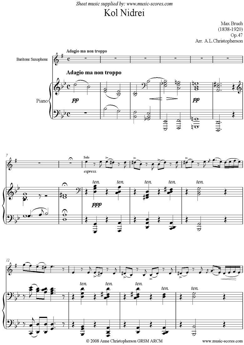 Front page of Kol Nidre: Baritone Saxophone sheet music