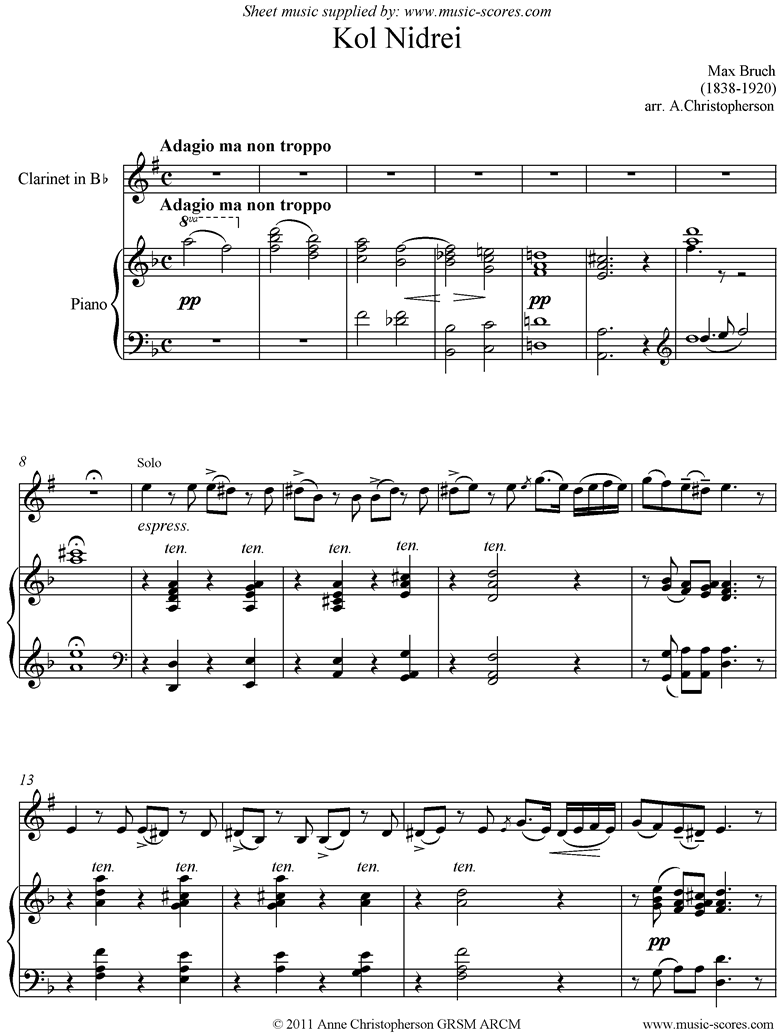 Front page of Kol Nidre: Clarinet, Dmi sheet music