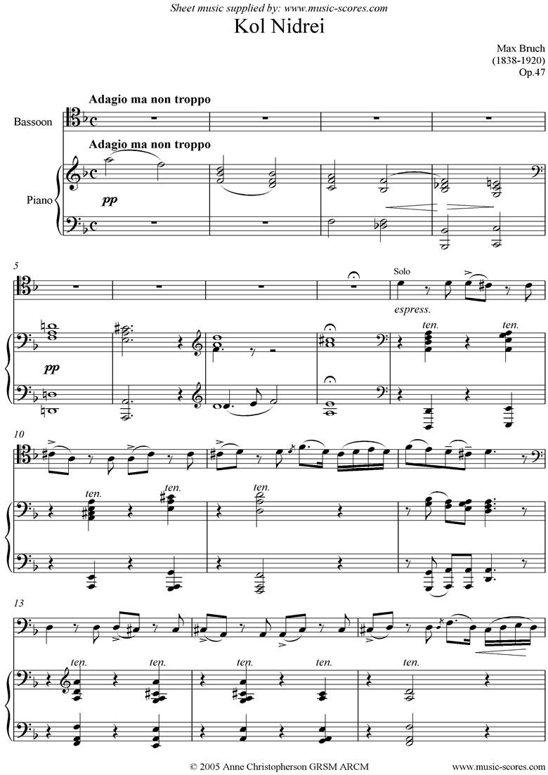 Front page of Kol Nidre: Bassoon sheet music
