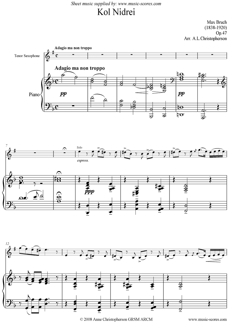 Front page of Kol Nidre: Tenor Saxophone sheet music