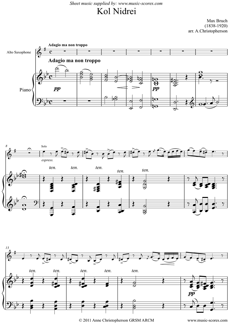 Front page of Kol Nidre: Alto Saxophone sheet music