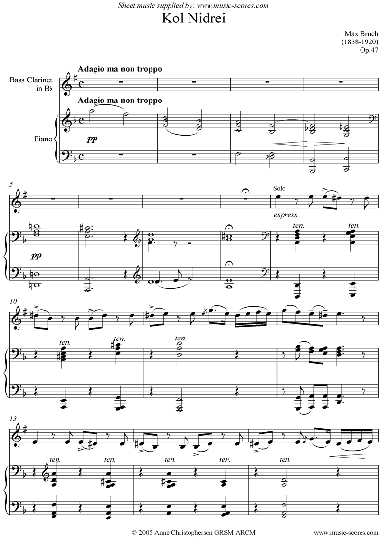 Front page of Kol Nidre: Bass Clarinet sheet music