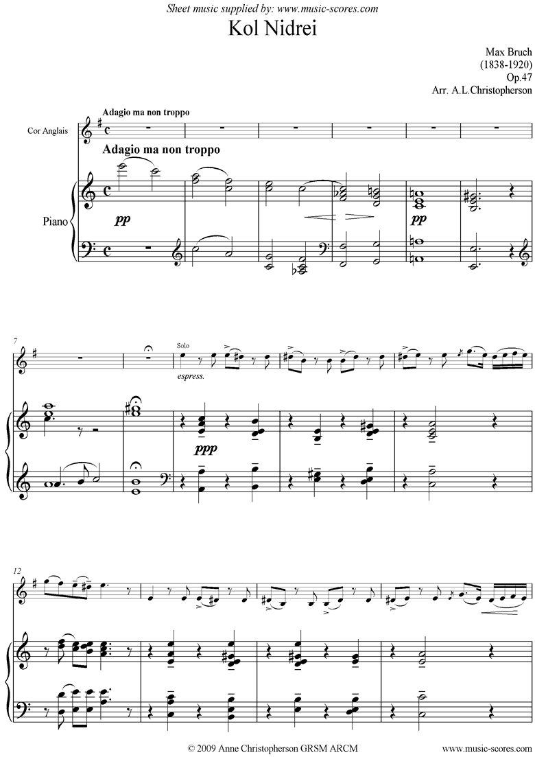 Front page of Kol Nidre: Cor Anglais sheet music