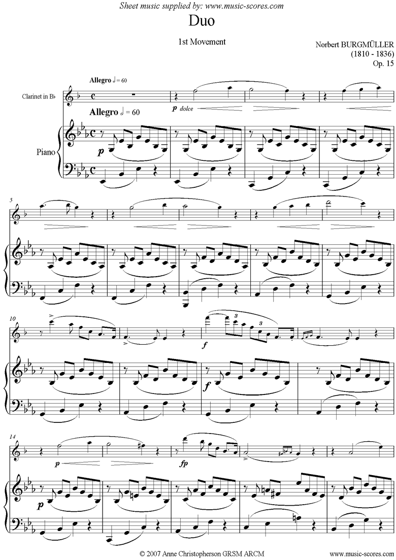Front page of Op.15 Duo: Clarinet: 1st movement Allegro sheet music