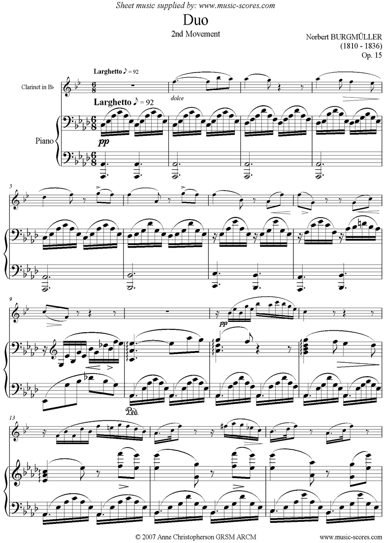 Front page of Op.15 Duo: Clarinet: 2nd movement Larghetto sheet music