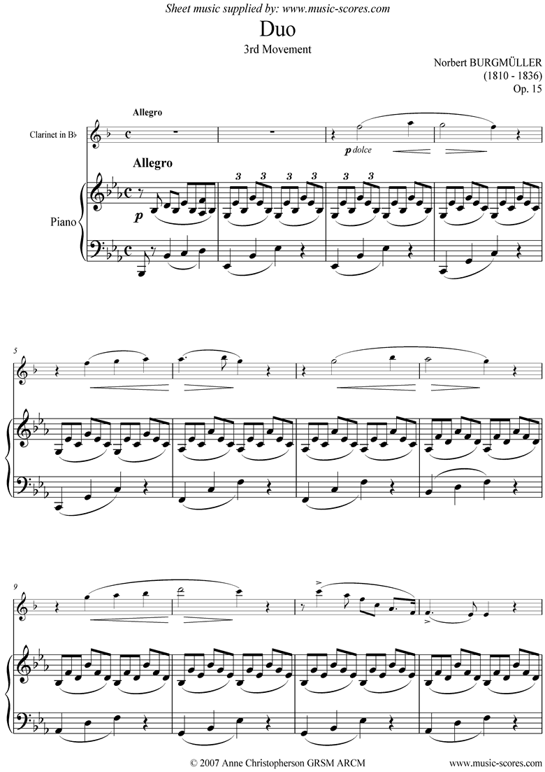 Front page of Op.15 Duo: Clarinet: 3rd movement Allegro sheet music