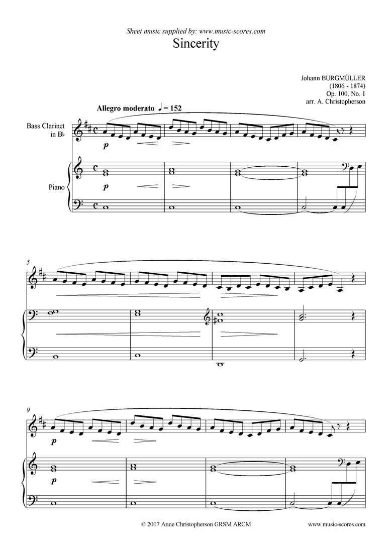 Front page of Op.100 No.01 Sincerity: Bass Clarinet sheet music