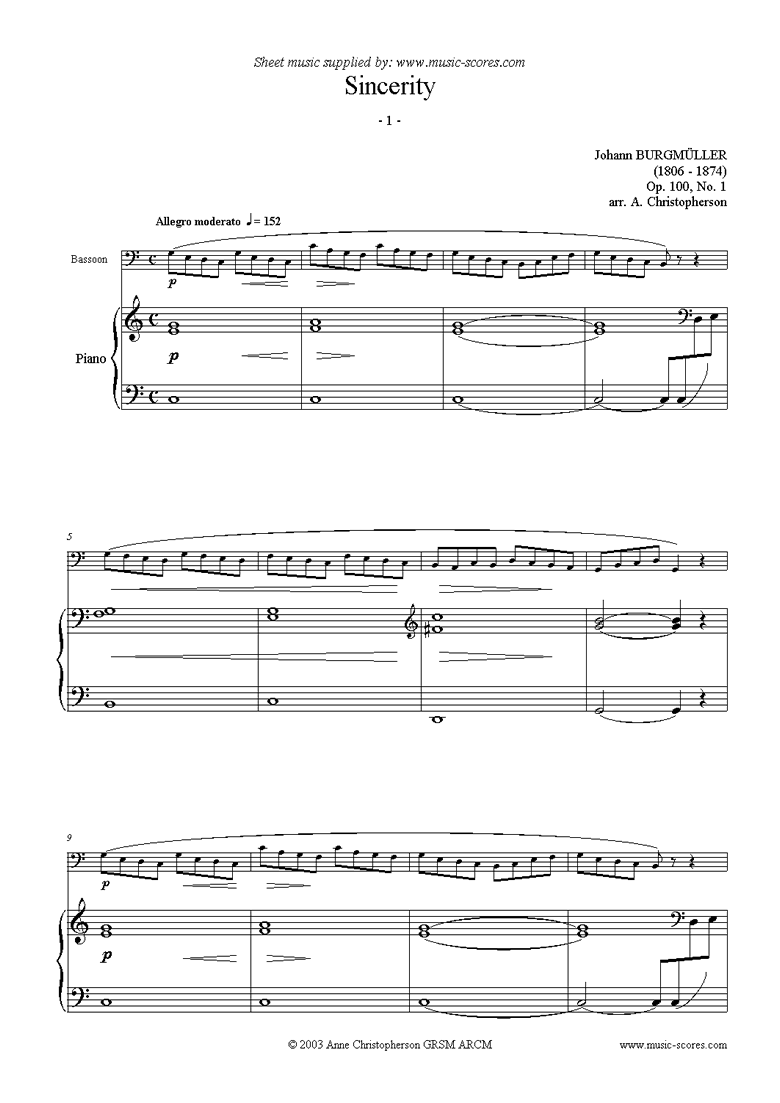 Front page of Op.100 No.01 Sincerity: Bassoon sheet music