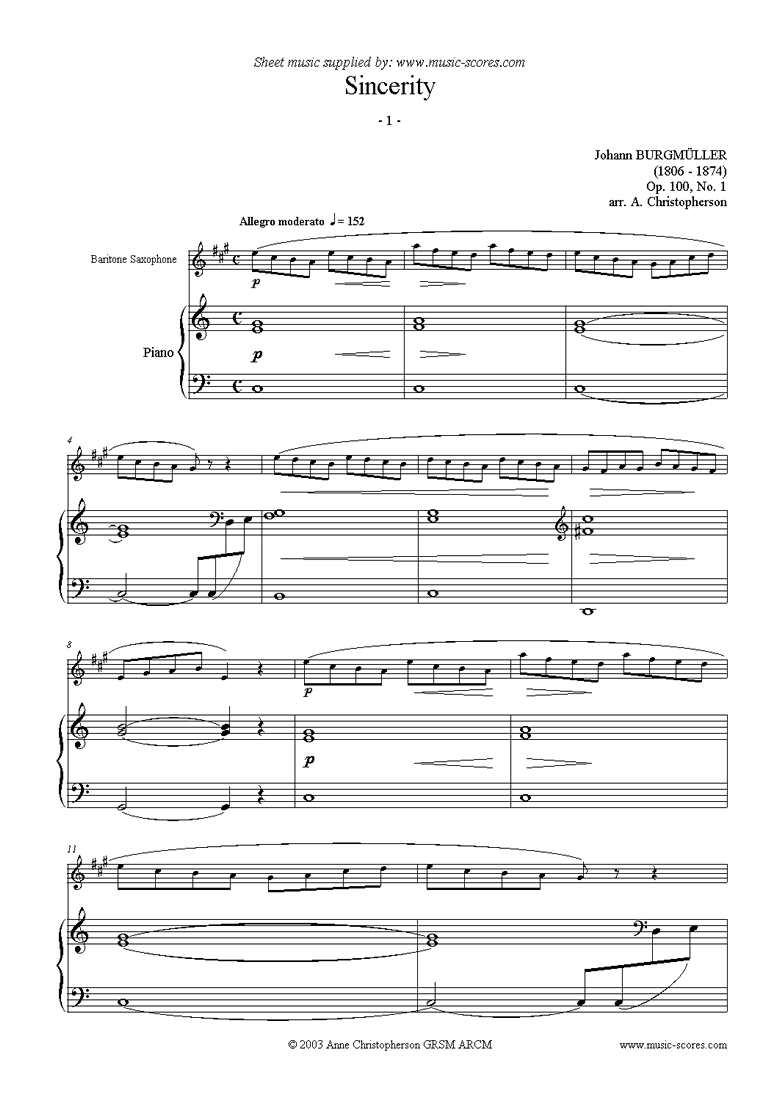 Front page of Op.100 No.01 Sincerity: Baritone sax sheet music