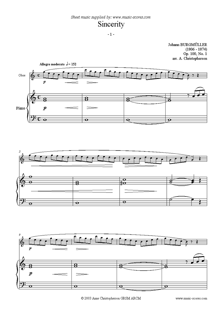 Front page of Op.100 No.01 Sincerity: Oboe sheet music