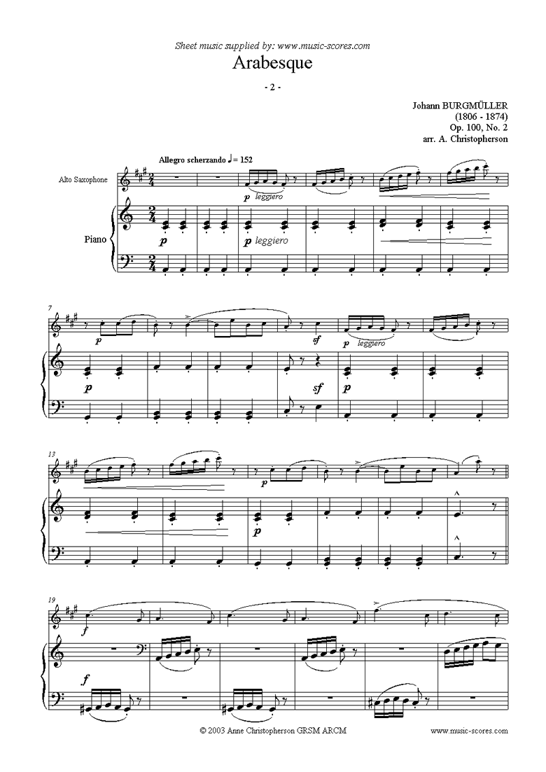 Front page of Op.100 No.02 Arabesque: Alto Sax sheet music