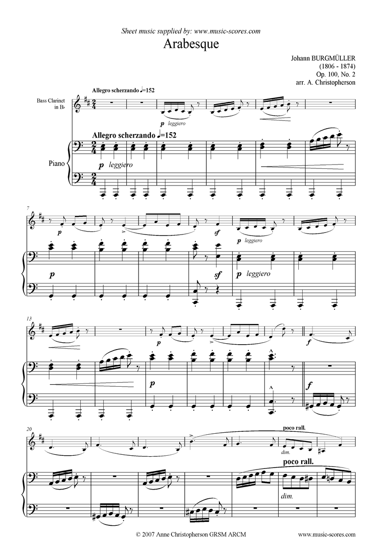 Front page of Op.100 No.02 Arabesque: Bass Clarinet sheet music