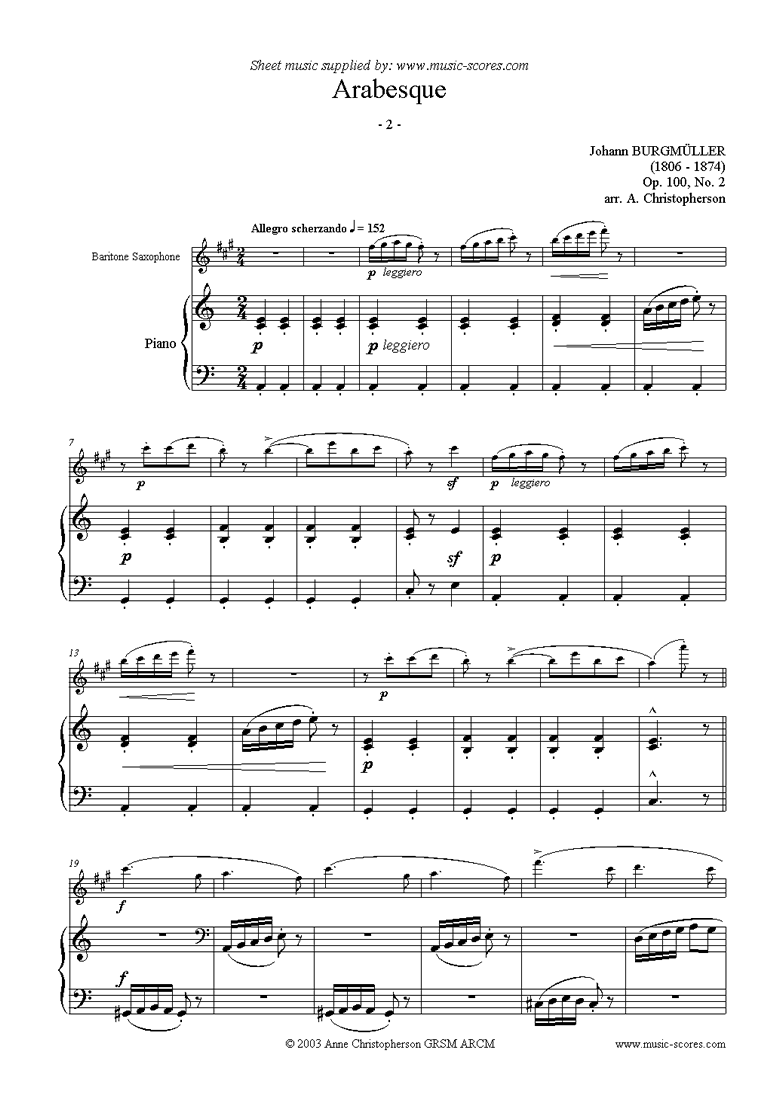 Front page of Op.100 No.02 Arabesque: Baritone Sax sheet music