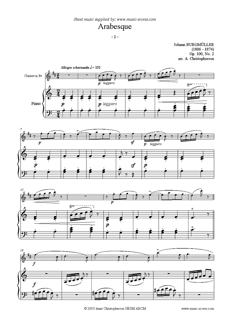 Front page of Op.100 No.02 Arabesque: Clarinet sheet music