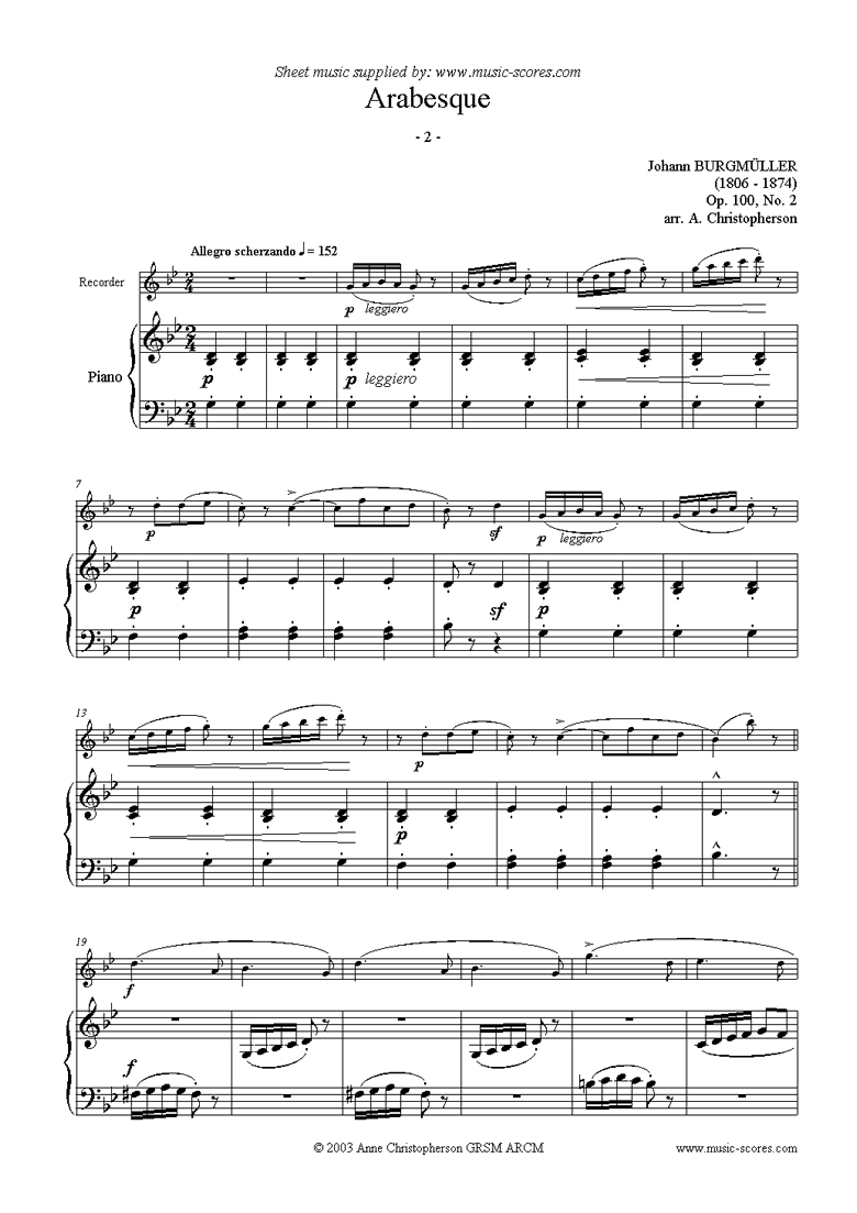 Front page of Op.100 No.02 Arabesque: Recorder sheet music