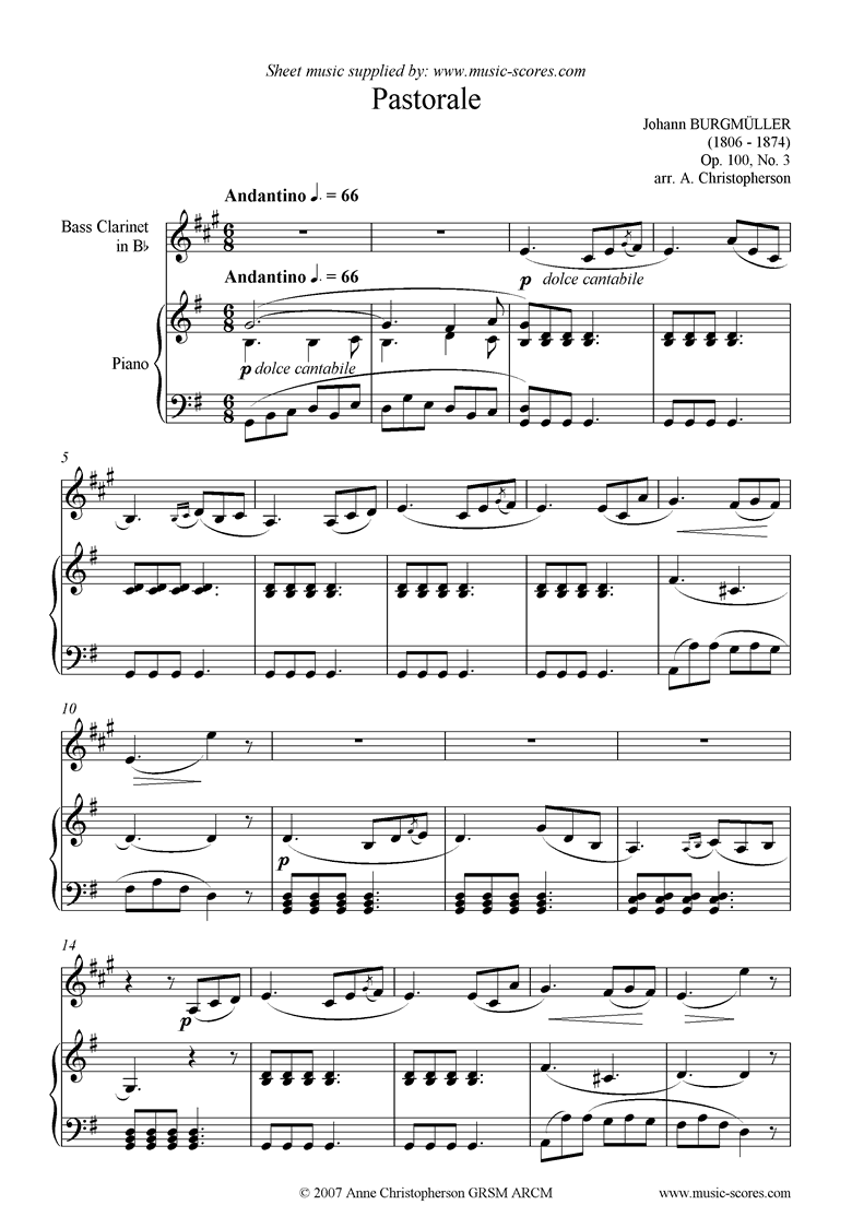 Front page of Op.100 No.03 Pastorale: Bass Clarinet sheet music