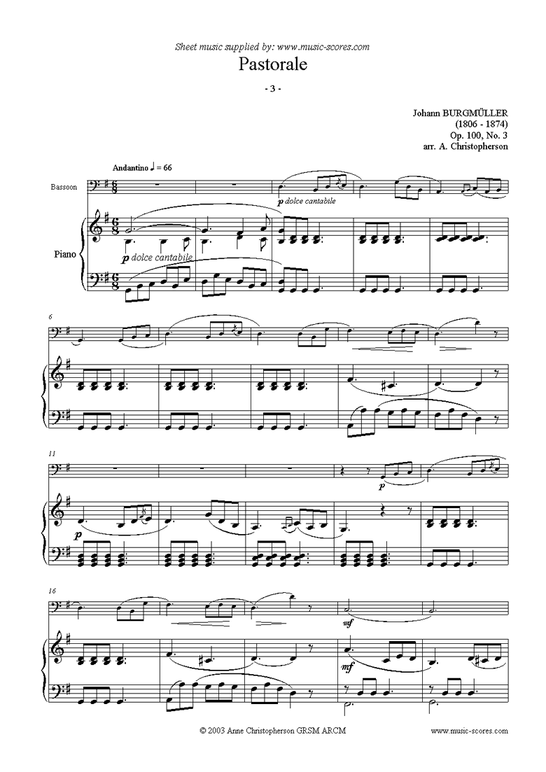 Front page of Op.100 No.03 Pastorale: Bassoon sheet music