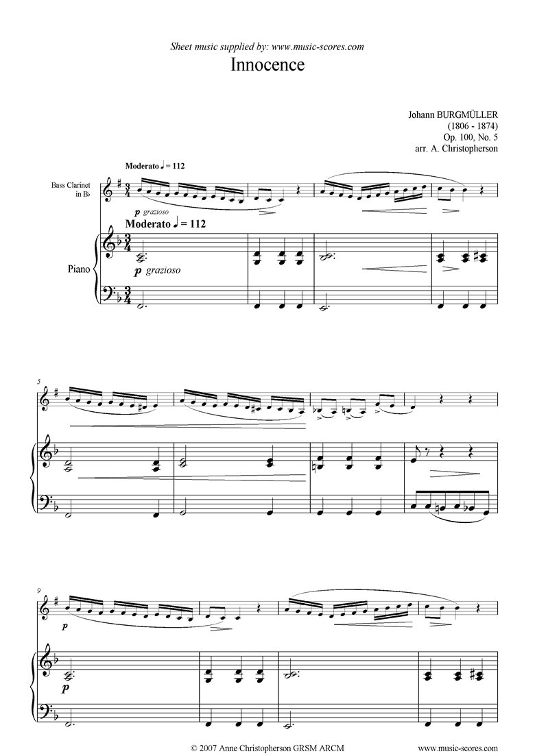 Front page of Op.100 No.05 Innocence: Bass Clarinet sheet music