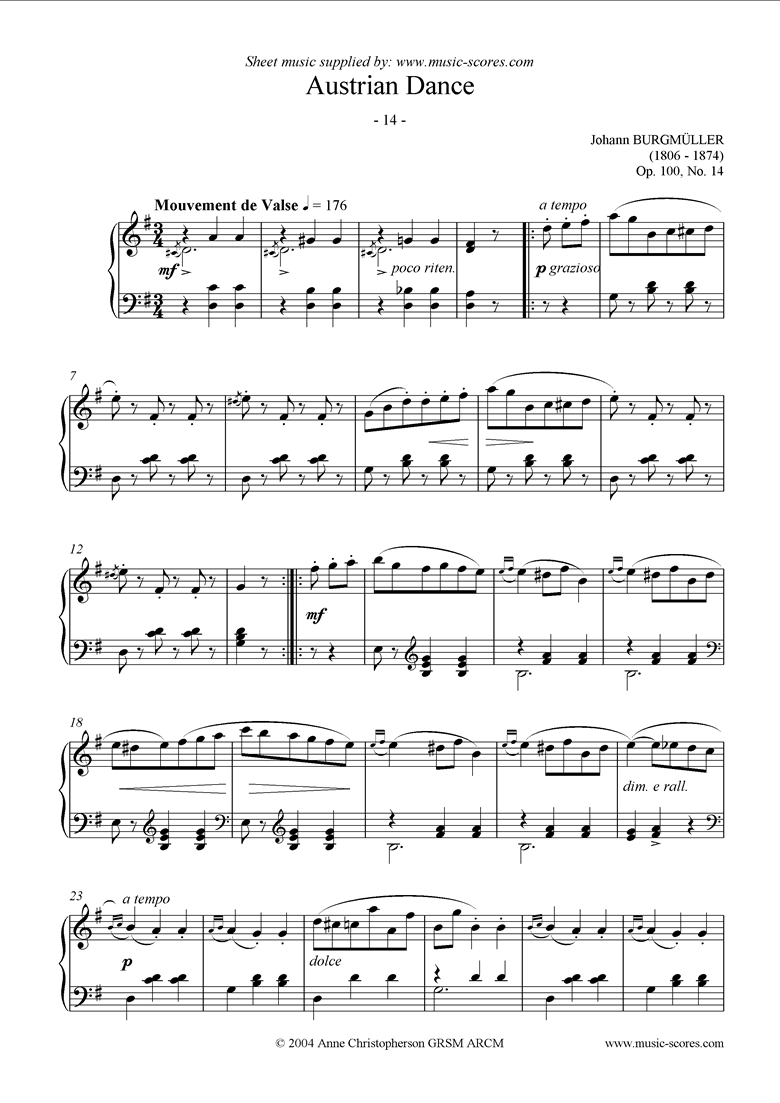 Front page of Op.100 No.14 Austrian Dance sheet music